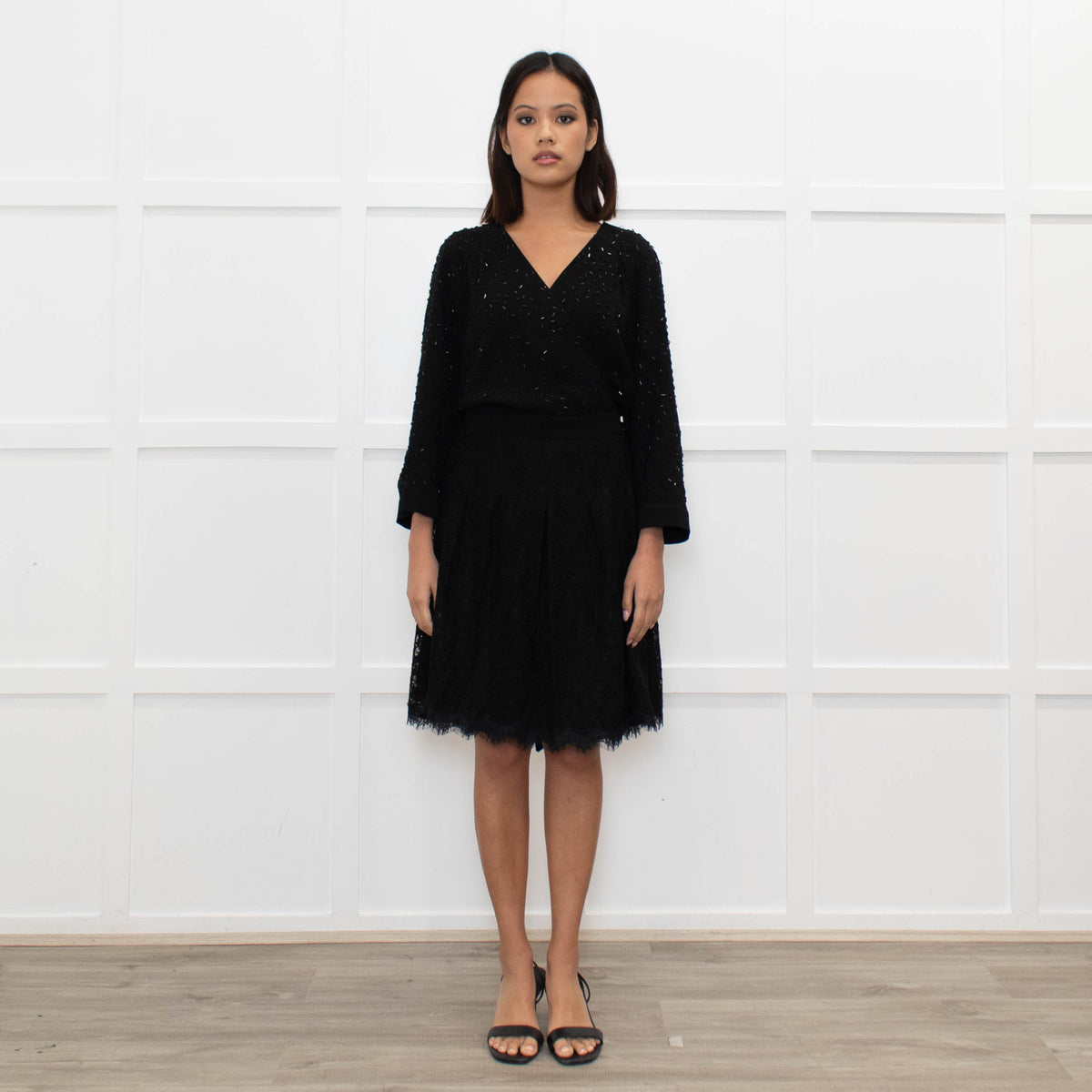 Diane Von Furstenberg Black Embellished Half Lace Wrap Dress