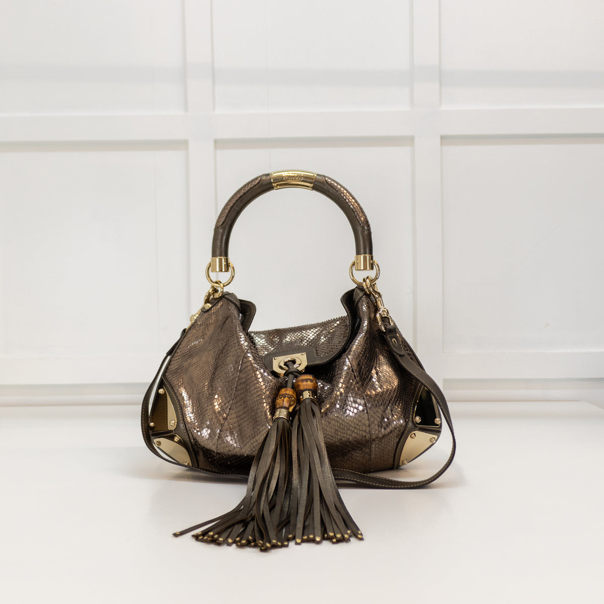 Gucci Pewter Metallic Snake Skin Babouska Indy Hobo Bag