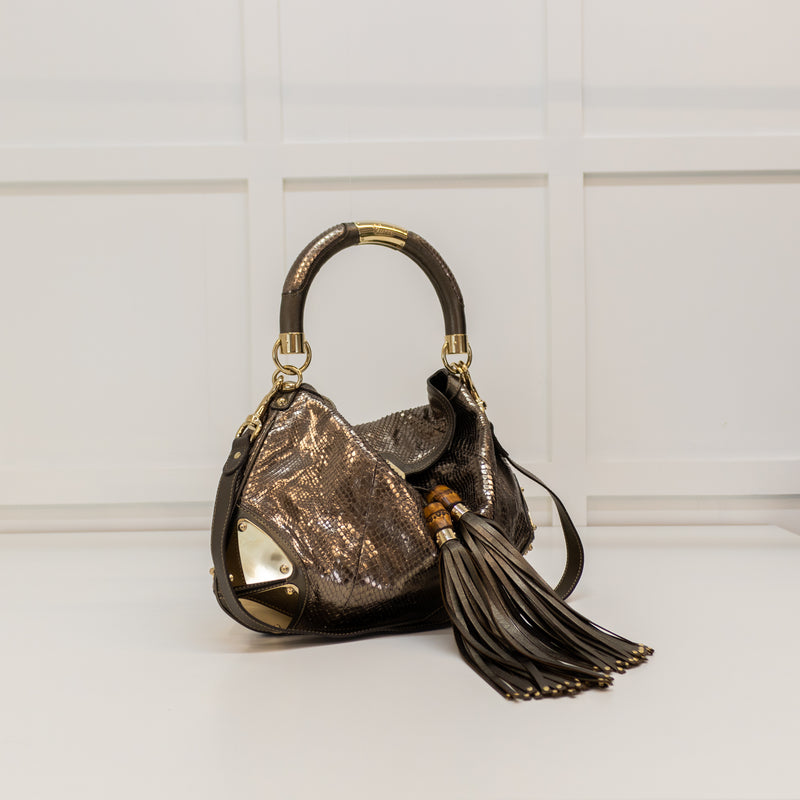 Gucci Pewter Metallic Snake Skin Babouska Indy Hobo Bag