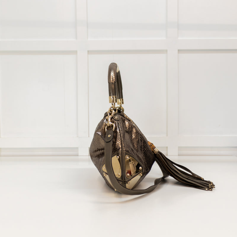 Gucci Pewter Metallic Snake Skin Babouska Indy Hobo Bag