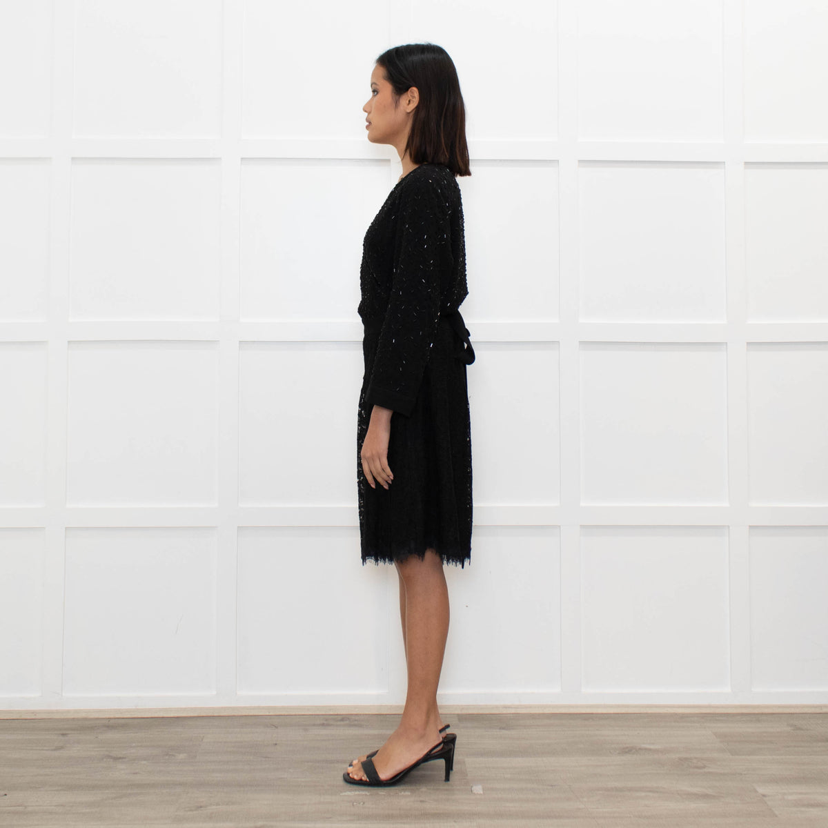 Diane Von Furstenberg Black Embellished Half Lace Wrap Dress