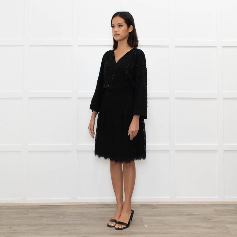Diane Von Furstenberg Black Embellished Half Lace Wrap Dress
