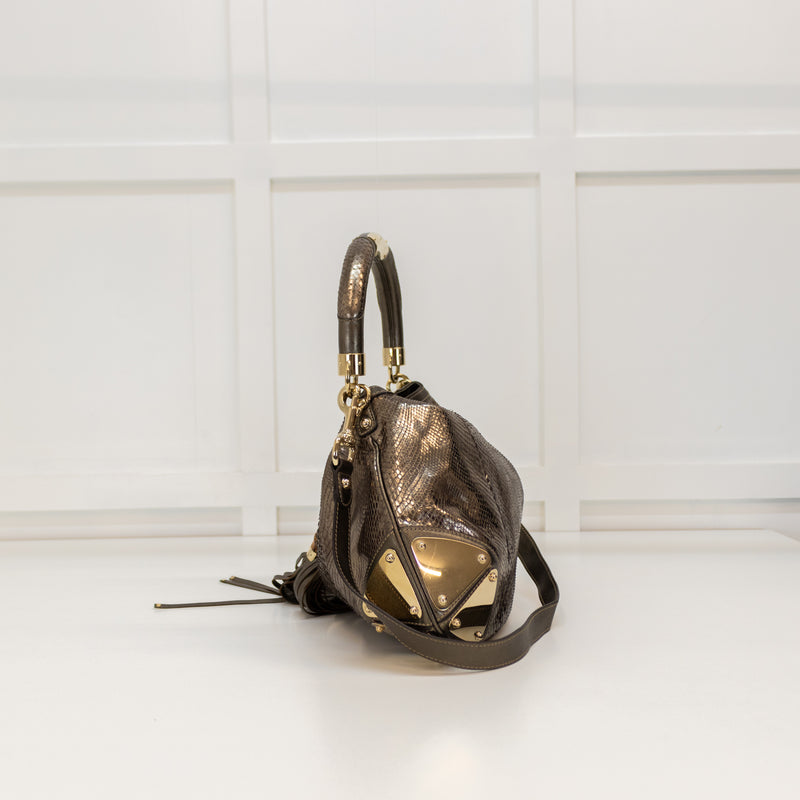 Gucci Pewter Metallic Snake Skin Babouska Indy Hobo Bag