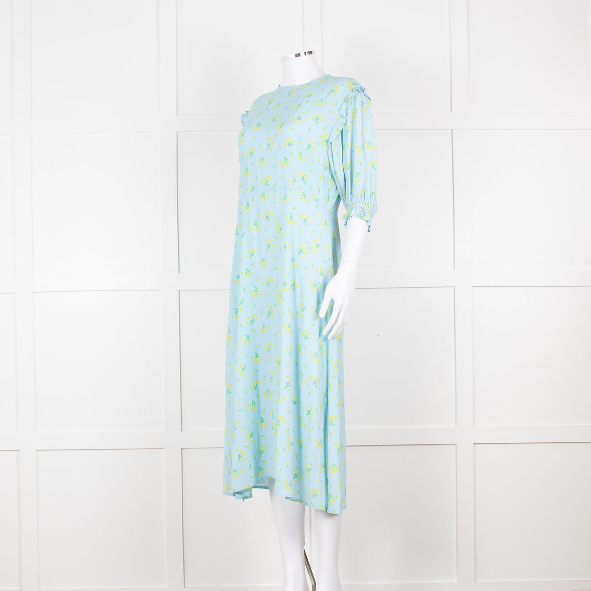 Faithfull The Brand Pale Blue Yellow Floral Frill Detail Maxi Dress