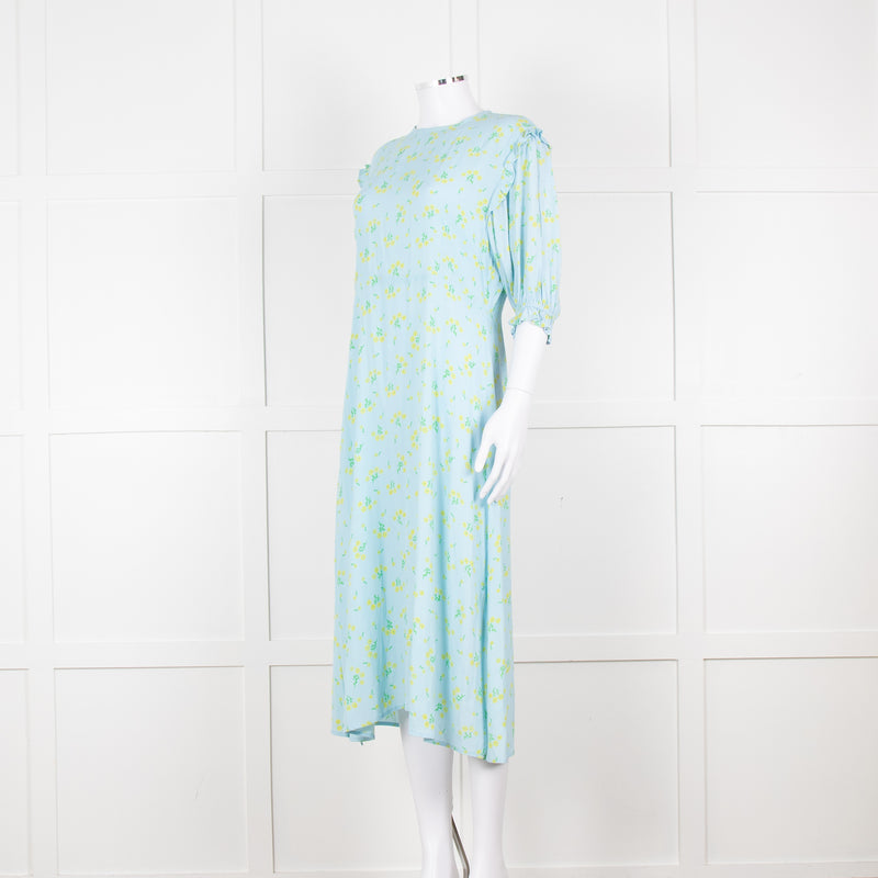 Faithfull The Brand Pale Blue Yellow Floral Frill Detail Maxi Dress