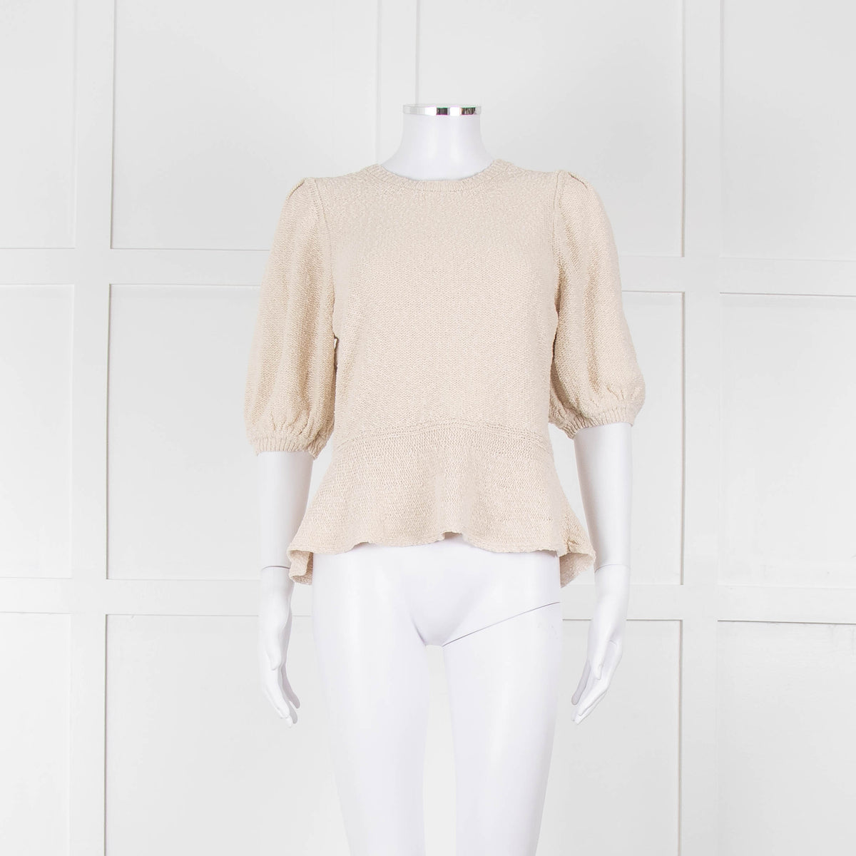 ME + EM Beige Cotton Linen Blend Puff Sleeve Knit Top