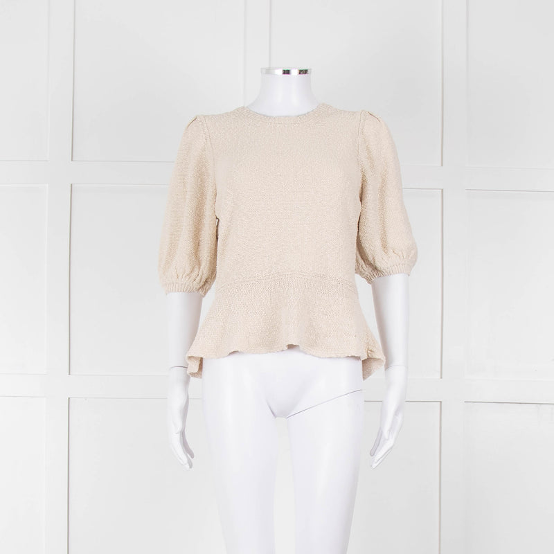 ME + EM Beige Cotton Linen Blend Puff Sleeve Knit Top