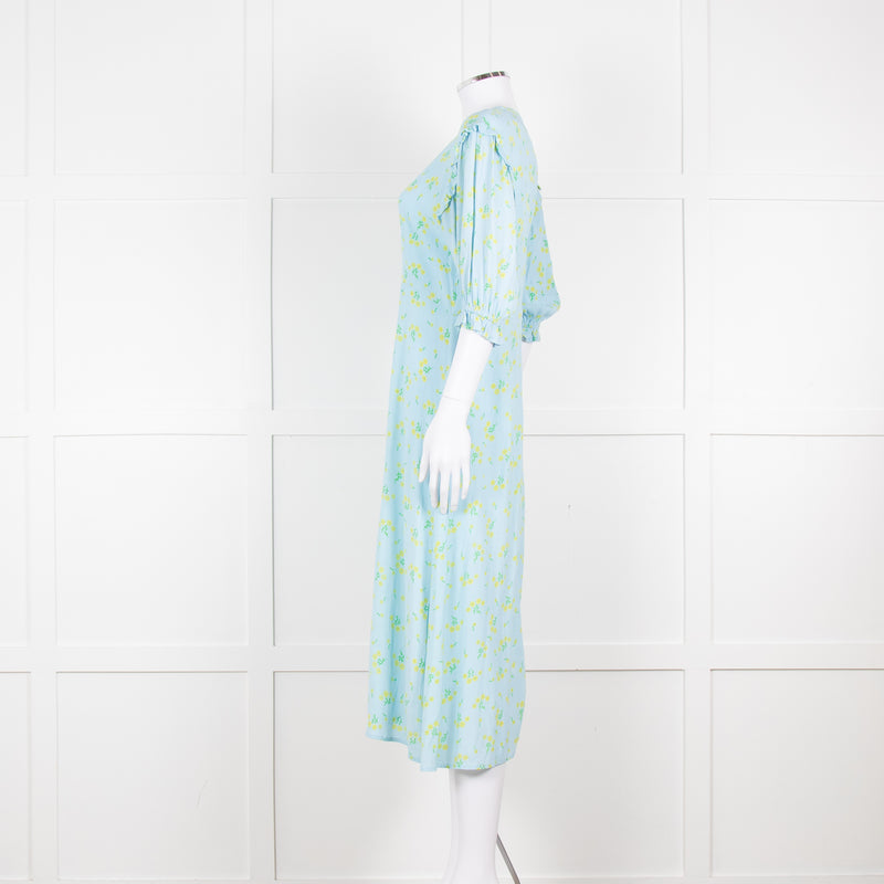 Faithfull The Brand Pale Blue Yellow Floral Frill Detail Maxi Dress