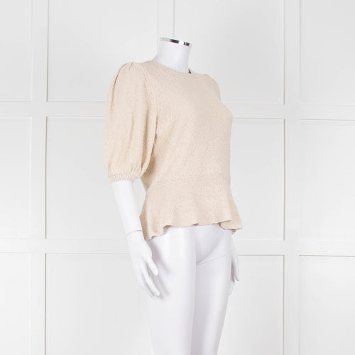 ME + EM Beige Cotton Linen Blend Puff Sleeve Knit Top