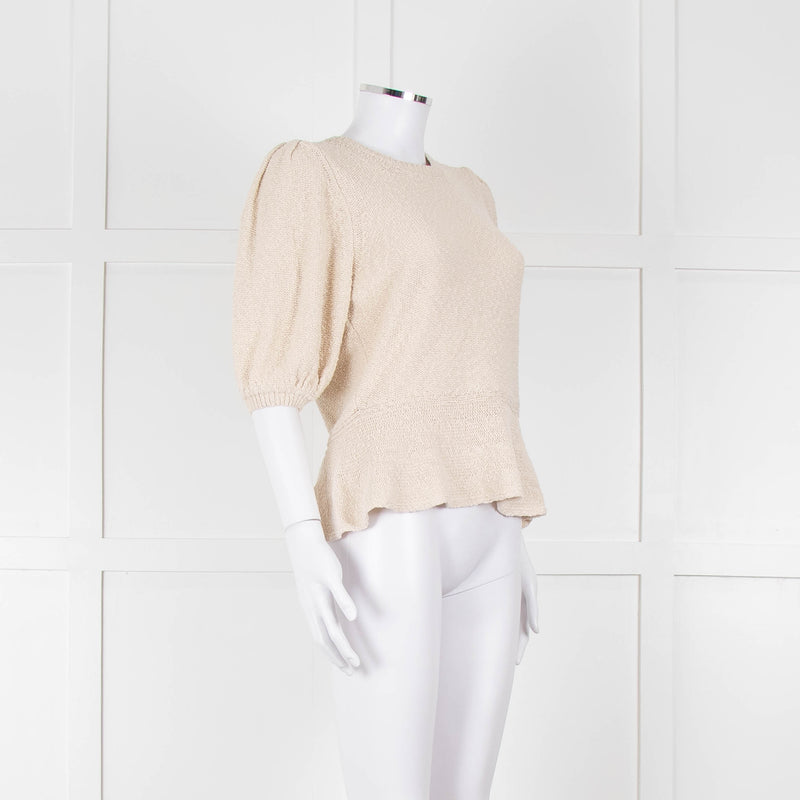ME + EM Beige Cotton Linen Blend Puff Sleeve Knit Top