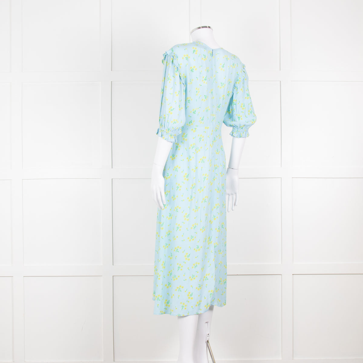 Faithfull The Brand Pale Blue Yellow Floral Frill Detail Maxi Dress