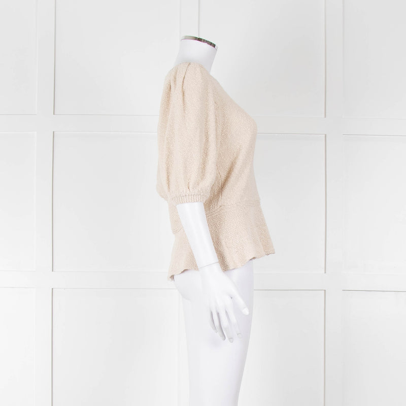 ME + EM Beige Cotton Linen Blend Puff Sleeve Knit Top