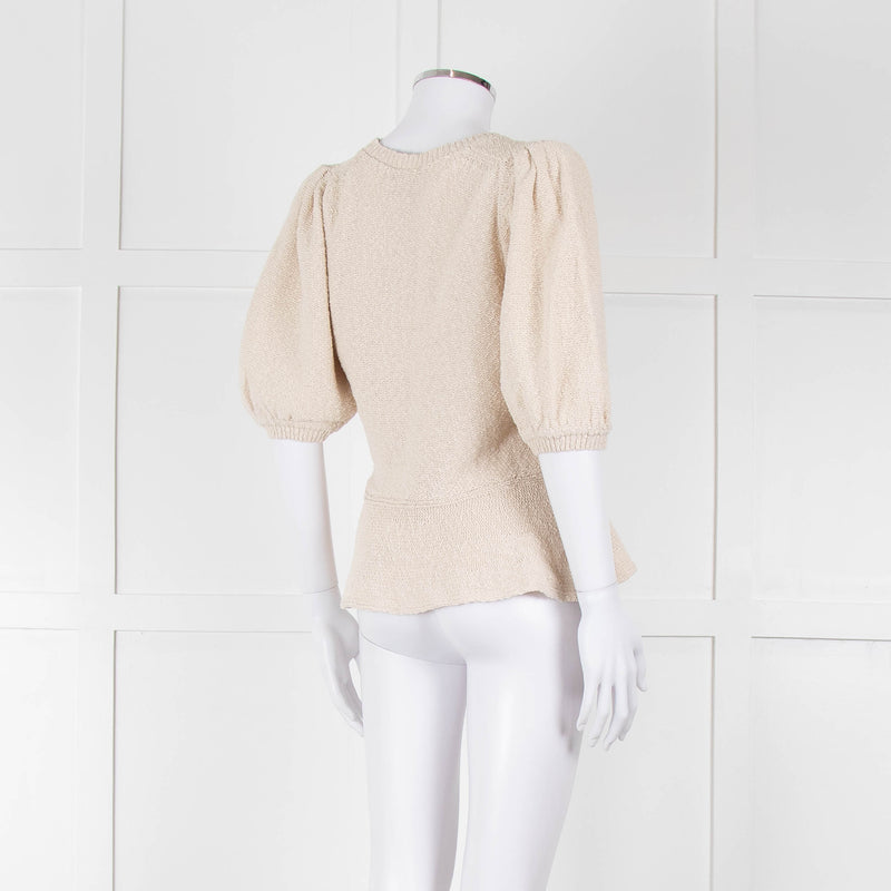 ME + EM Beige Cotton Linen Blend Puff Sleeve Knit Top
