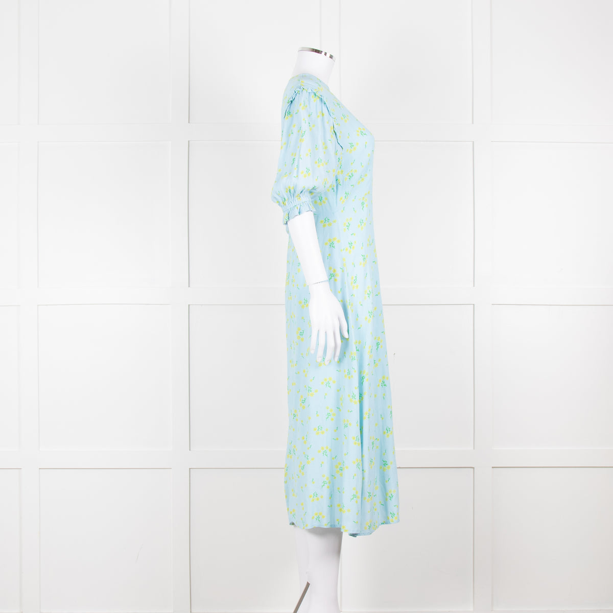 Faithfull The Brand Pale Blue Yellow Floral Frill Detail Maxi Dress