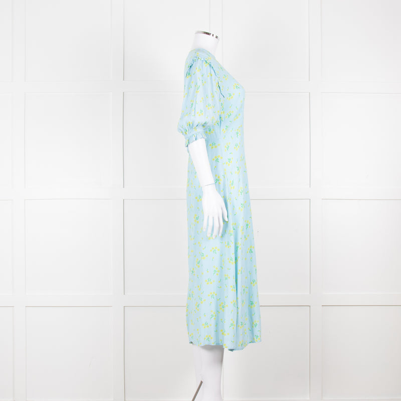 Faithfull The Brand Pale Blue Yellow Floral Frill Detail Maxi Dress