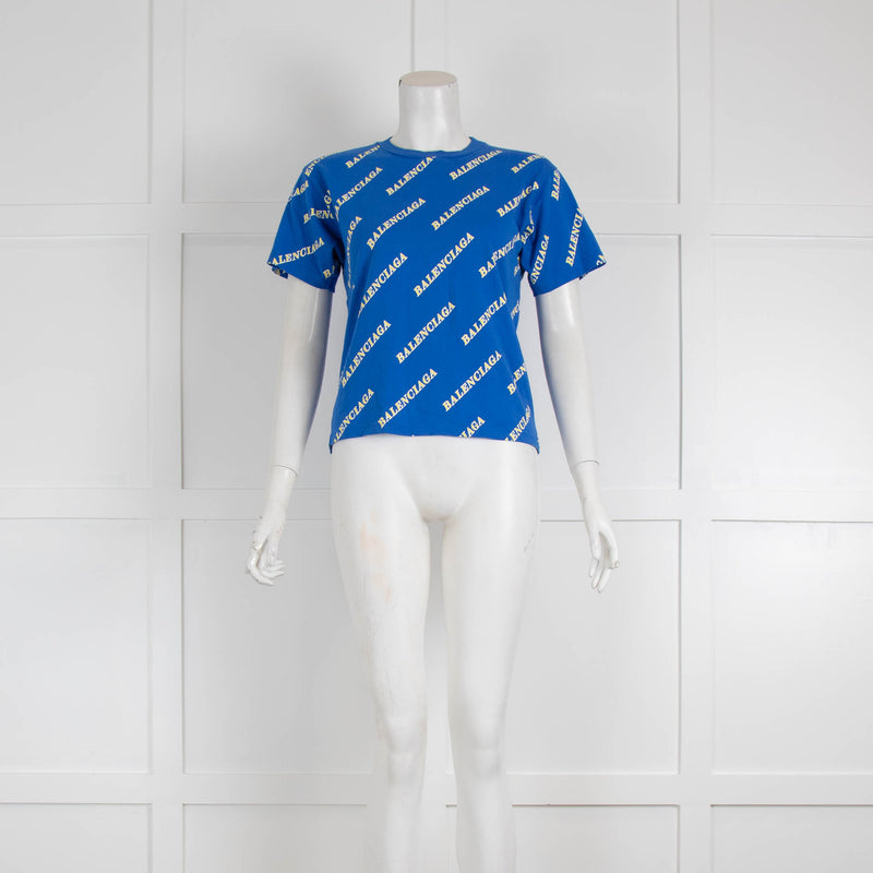 Balenciaga Blue T-Shirt with Yellow Logo Print