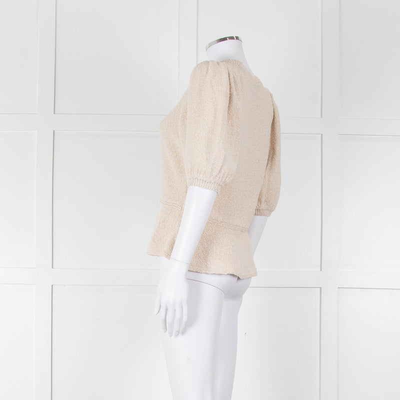 ME + EM Beige Cotton Linen Blend Puff Sleeve Knit Top