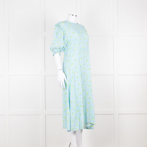 Faithfull The Brand Pale Blue Yellow Floral Frill Detail Maxi Dress