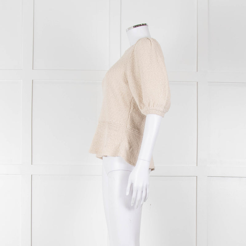 ME + EM Beige Cotton Linen Blend Puff Sleeve Knit Top