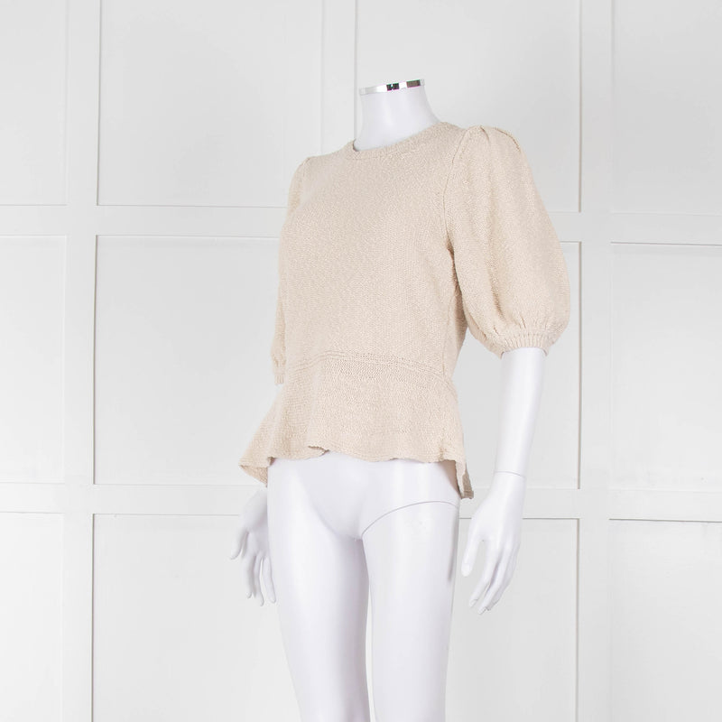 ME + EM Beige Cotton Linen Blend Puff Sleeve Knit Top