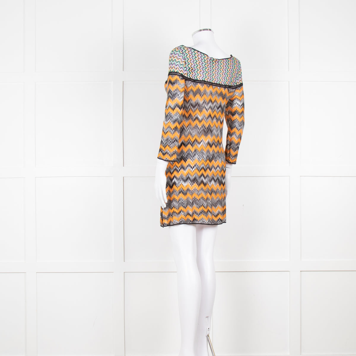 Missoni Orange Black Green Zig Zag Knitted Mini Dress