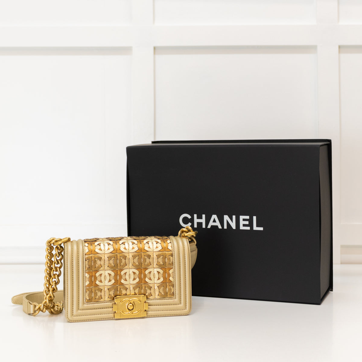 Chanel Gold Calfskin Paris Dubai Small Boy Bag