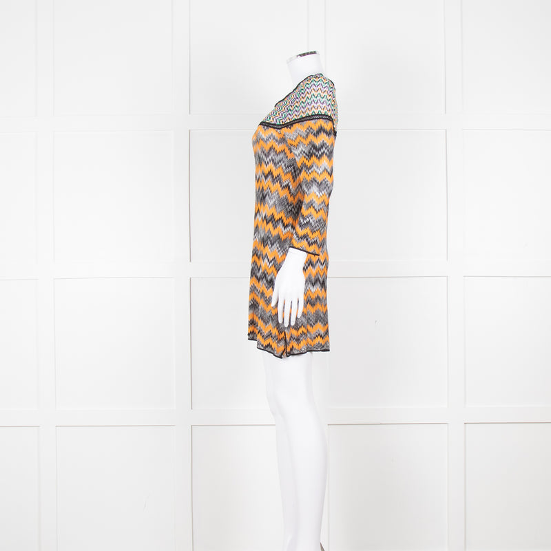 Missoni Orange Black Green Zig Zag Knitted Mini Dress