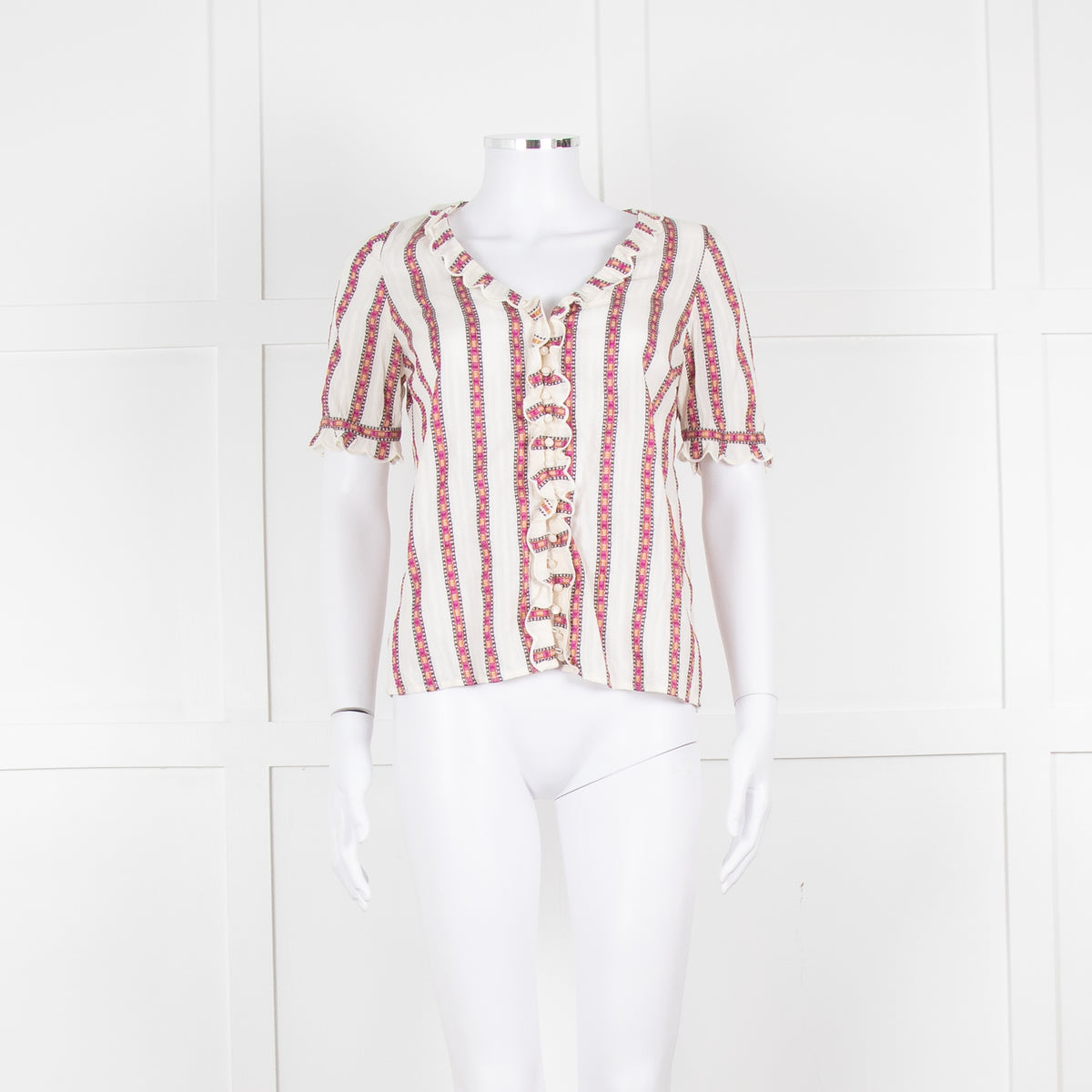 Sezane Cream Magenta Gold Stripe Scallop Edged Blouse