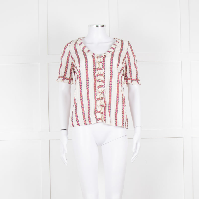 Sezane Cream Magenta Gold Stripe Scallop Edged Blouse