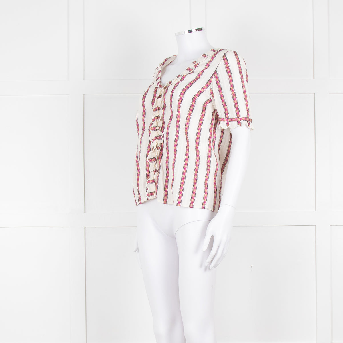 Sezane Cream Magenta Gold Stripe Scallop Edged Blouse