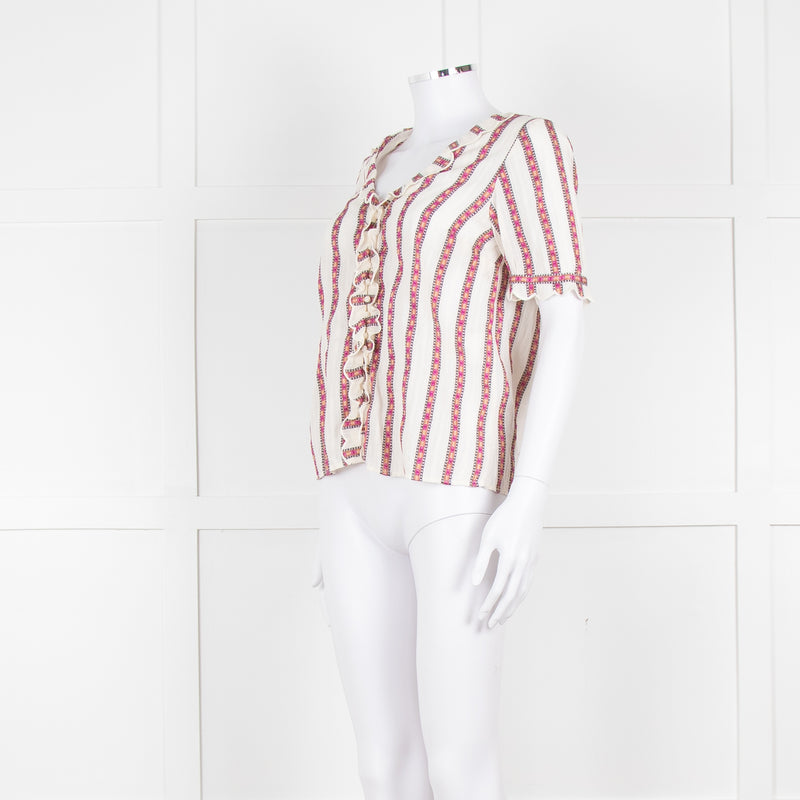 Sezane Cream Magenta Gold Stripe Scallop Edged Blouse