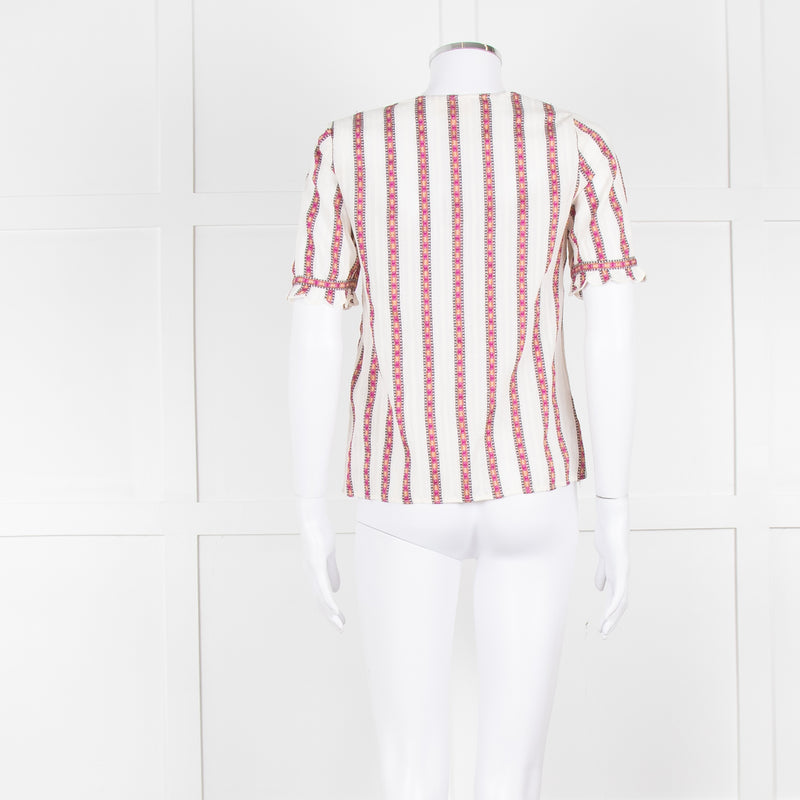 Sezane Cream Magenta Gold Stripe Scallop Edged Blouse