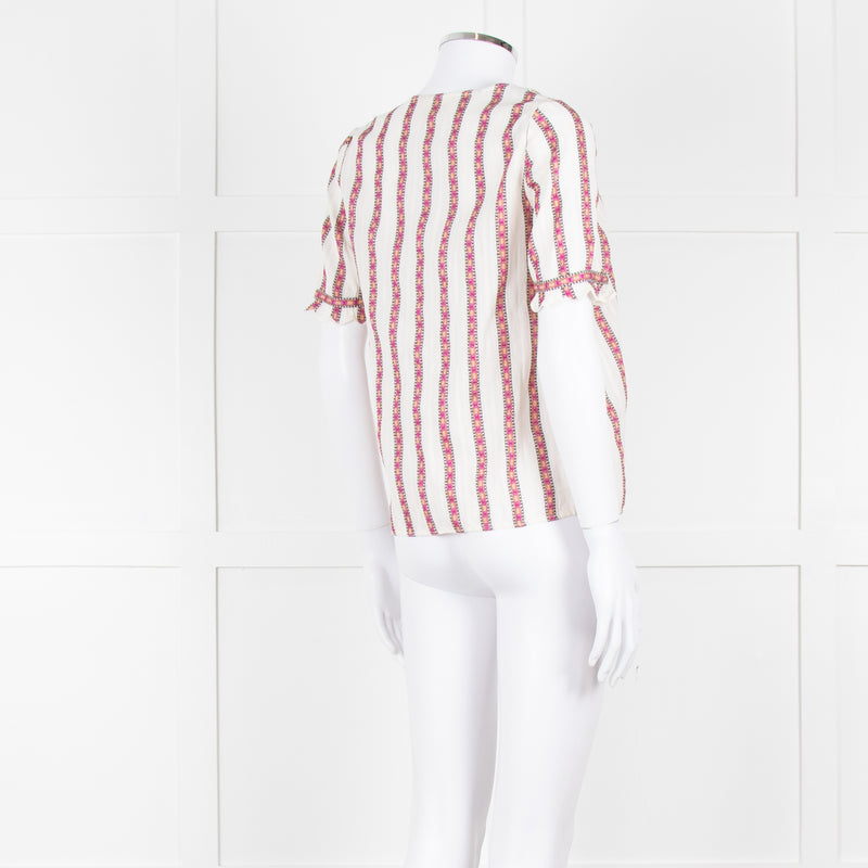 Sezane Cream Magenta Gold Stripe Scallop Edged Blouse