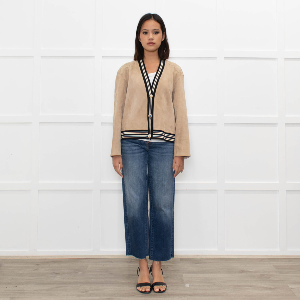 Sandro Beige Suede Buttoned Bomber Jacket