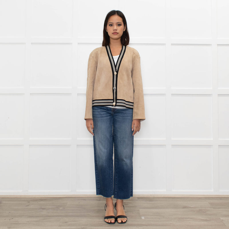 Sandro Beige Suede Buttoned Bomber Jacket