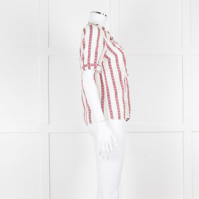 Sezane Cream Magenta Gold Stripe Scallop Edged Blouse