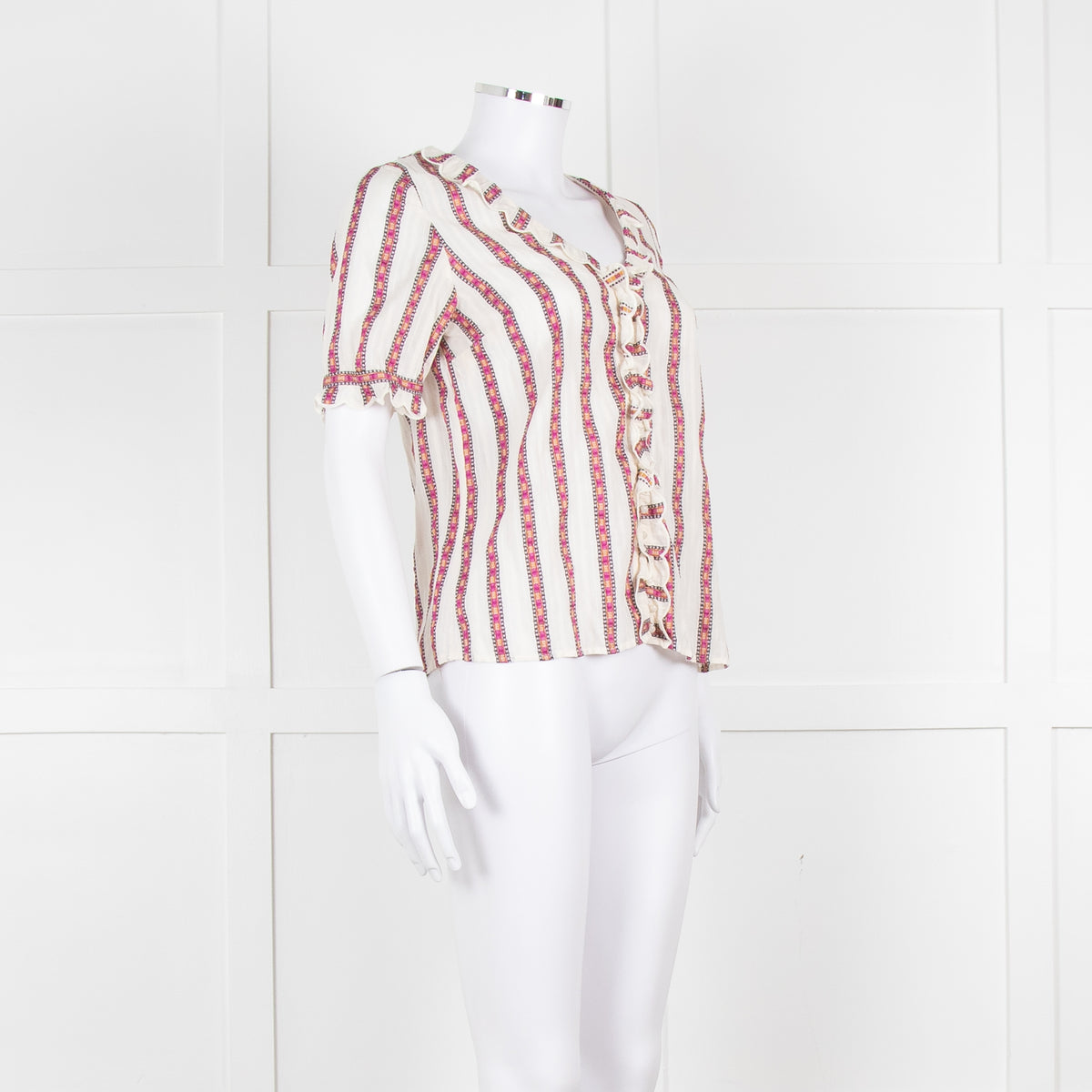 Sezane Cream Magenta Gold Stripe Scallop Edged Blouse