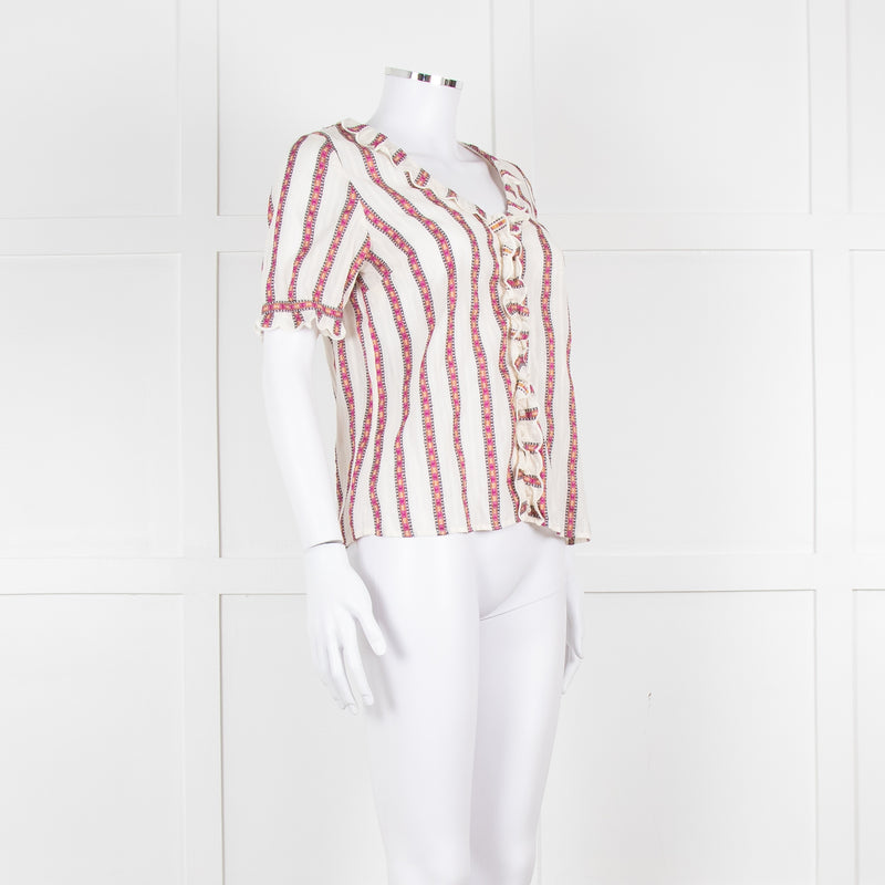 Sezane Cream Magenta Gold Stripe Scallop Edged Blouse