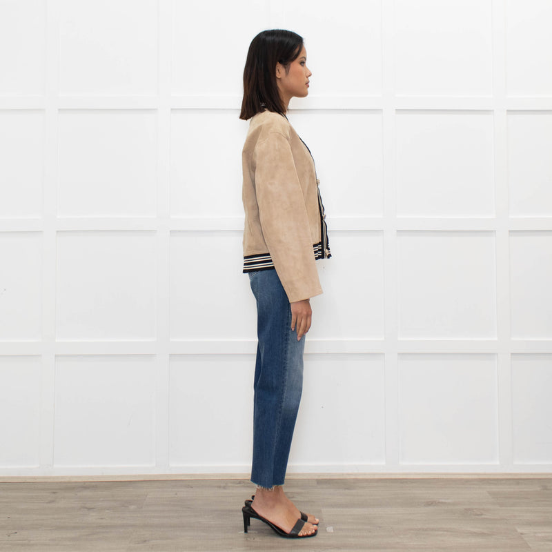 Sandro Beige Suede Buttoned Bomber Jacket