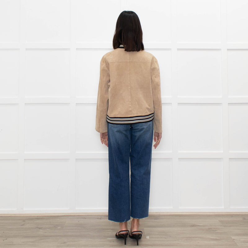 Sandro Beige Suede Buttoned Bomber Jacket