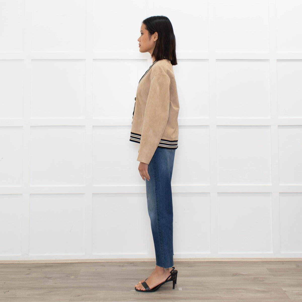 Sandro Beige Suede Buttoned Bomber Jacket