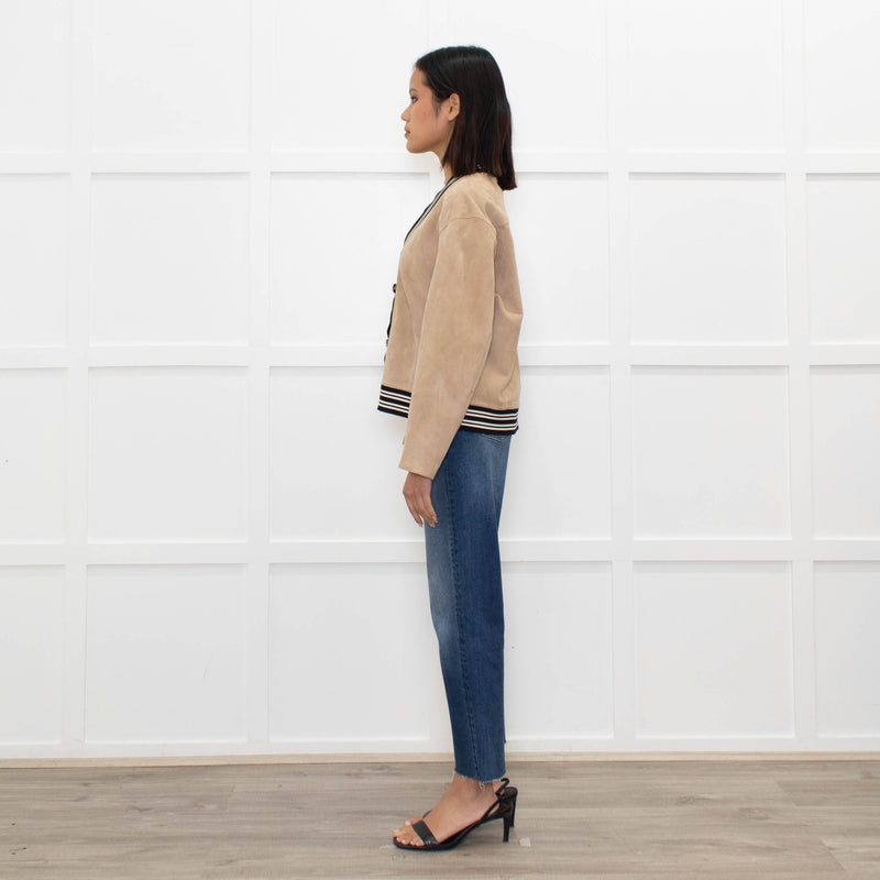 Sandro Beige Suede Buttoned Bomber Jacket