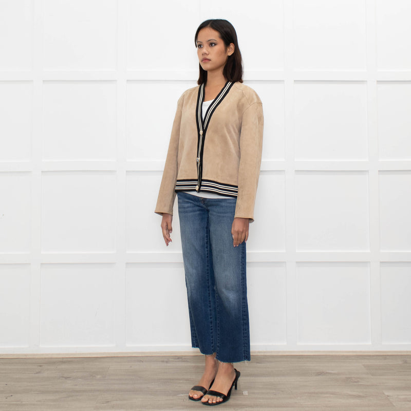 Sandro Beige Suede Buttoned Bomber Jacket