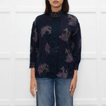 Rosemunde Blue Patterned High Neck Blouse with Lace Trim