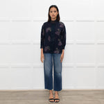 Rosemunde Blue Patterned High Neck Blouse with Lace Trim