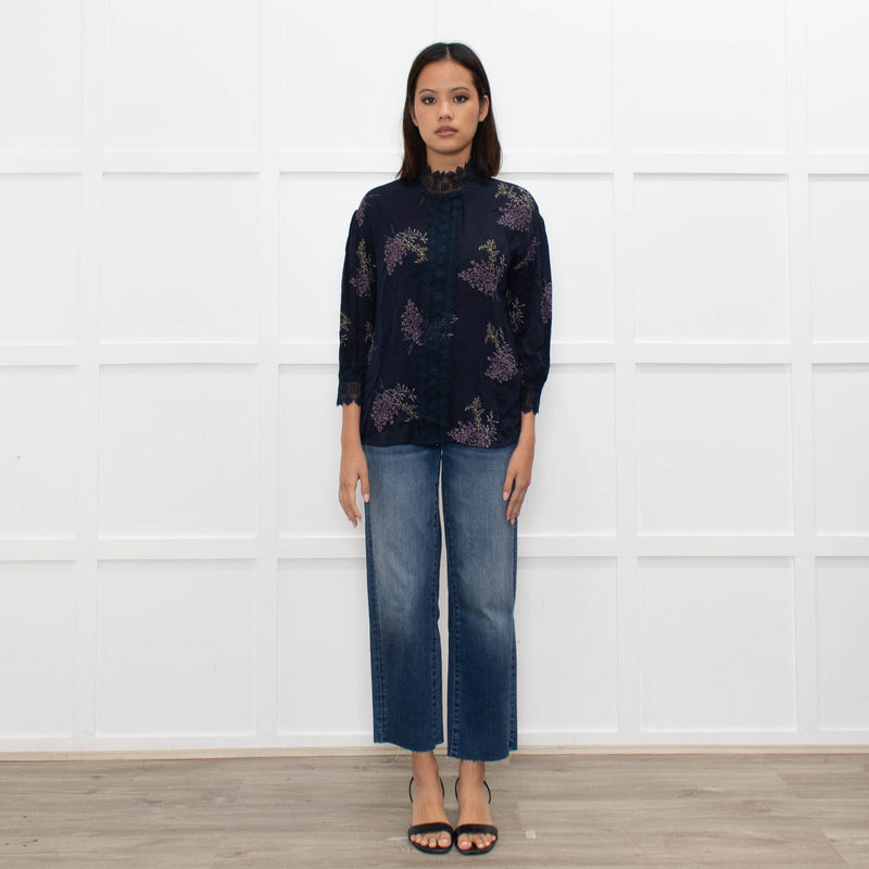 Rosemunde Blue Patterned High Neck Blouse with Lace Trim