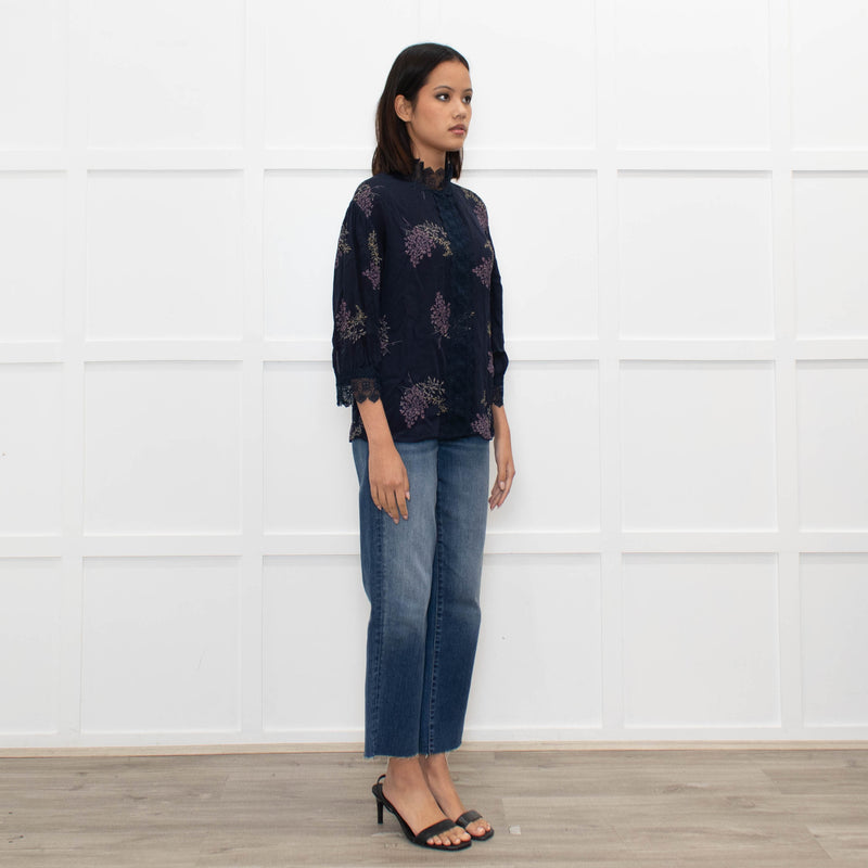 Rosemunde Blue Patterned High Neck Blouse with Lace Trim