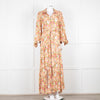 Loretta Caponi Cream Pink Yellow Floral Long Sleeve Maxi Dress