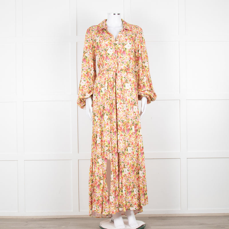 Loretta Caponi Cream Pink Yellow Floral Long Sleeve Maxi Dress