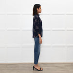 Rosemunde Blue Patterned High Neck Blouse with Lace Trim